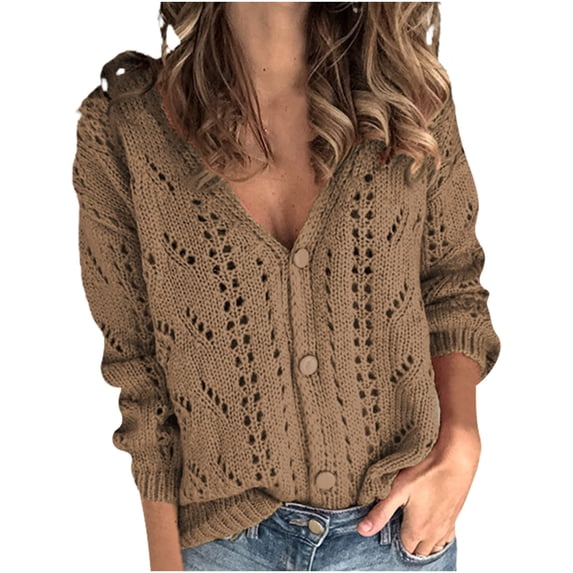 LEKODE Lightweight Solid Plain Crochet Knit Cropped Shrug for Women V Neck Scalloped Edge Long Sleeve Full Button Loose Fit Casual Everyday Spring Outer Cardigan Coffee XL