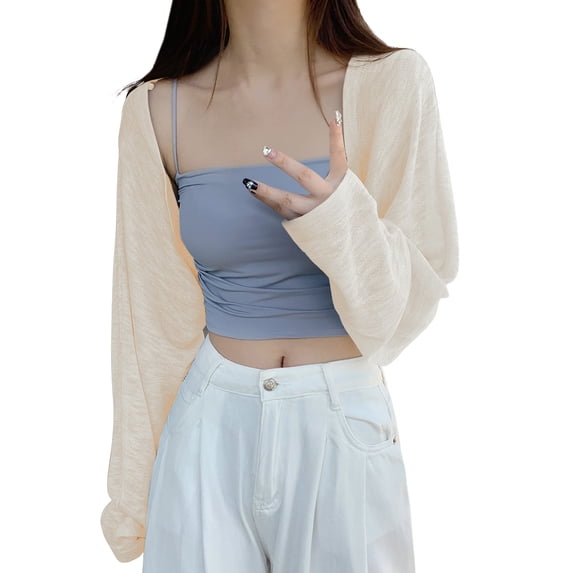 LEKODE Lightweight Solid Plain Knit Cropped Shrug for Women Open Front Drop Shoulder Long Sleeve Loose Fit Casual Everyday Summer Tank Outer Cardigan Beige A