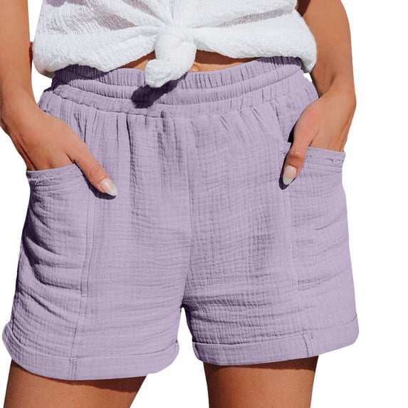 LEKODE Linen Bermuda Shorts for Women Knee Length Cotton Gauze Short Drawstring Elastic Waist Casual Shorts with Pockets Purple 2XL