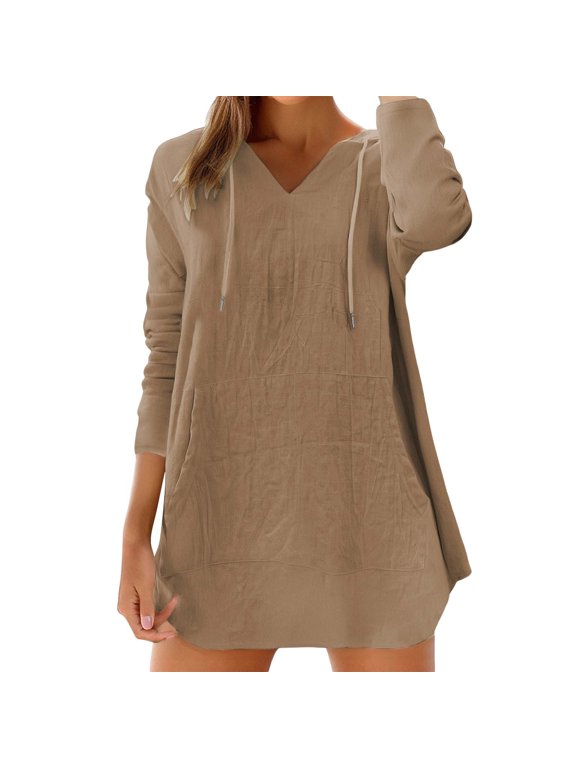 Linen Blouses for Women Hooded Drawstring Tunic Top, With Front Pockets, Roll‑able Long‑Sleeve Loose‑Fit Casual Pullover Shirt Khaki M