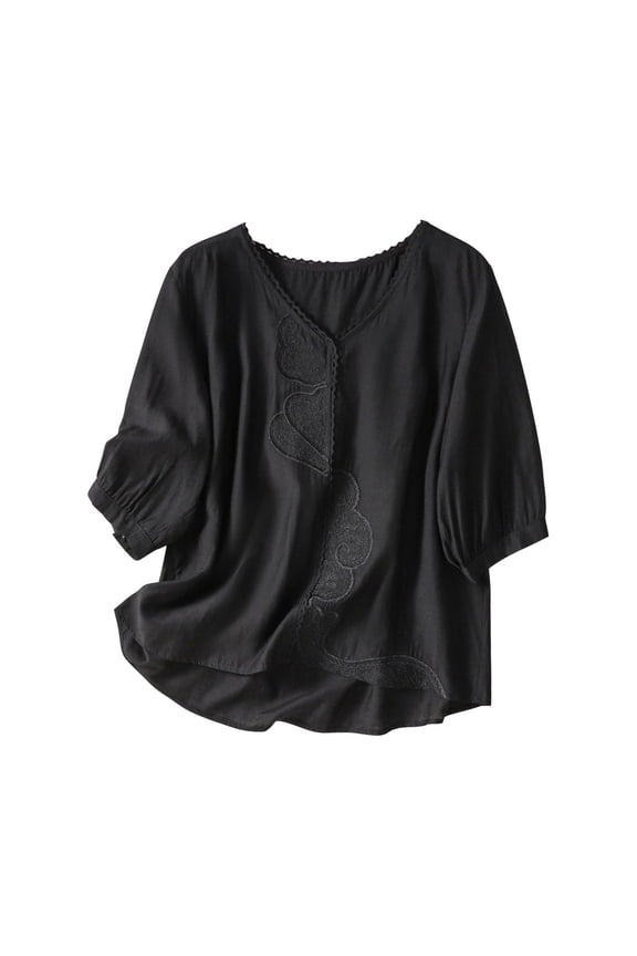 Linen Clothes for Women Short Sleeve V Neck Comfy Tops Peasant Blouses Casual Cottagecore Summer T Shirt Cute Shirts Casual Tops for Women Trendy Summer Black L