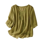 LEKODE Linen Clothes for Women Short Sleeve V Neck Comfy Peasant Cottagecore Cute Casual Trendy Green XL