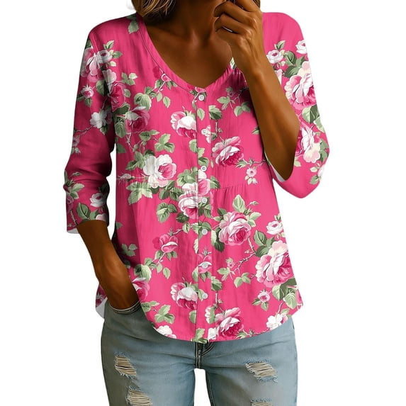 LEKODE Linen Cotton Floral Print Tops for Women 3/4 Sleeve V Neck Button Down Casual Loose Fit Summer Peasant Blouse Hot Pink 2XL