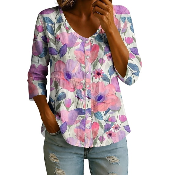 LEKODE Linen Cotton Floral Print Tops for Women 3/4 Sleeve V Neck Button Down Casual Loose Fit Summer Peasant Blouse Pink XL