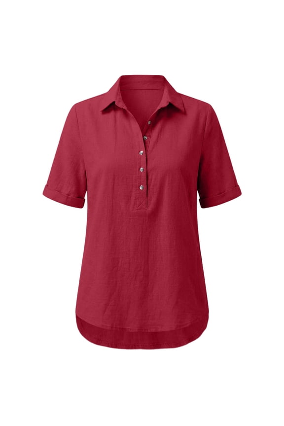 Linen Shirts Boho Fashion Collared Blouses Trendy Flowy Tees Summer Tops Blouses Peasant Blouses for Women Elegant Business Shirts Adult Cotton T-shirt A Red L