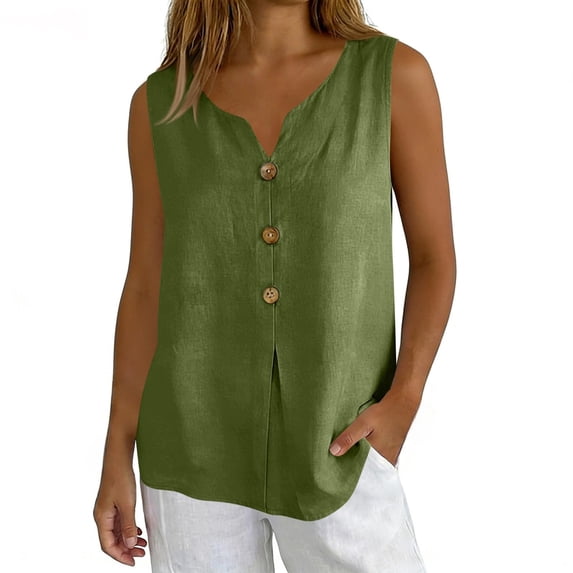 LEKODE Linen Tank Tops for Women Button Down Shirts V Neck T Shirts Cute Tops Solid Tops Tunics Tops Ruched Tops Plus Size Lightweight Blouse Loose Tank Tops Boho Gauze Shirts Natural Green M