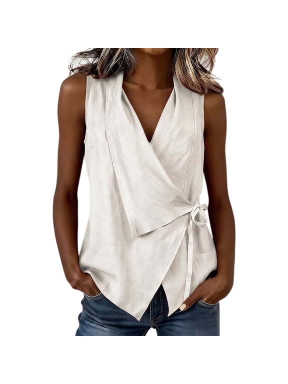 Linen Tank Tops for Women Side Tie Tank Tops Deep V Neck Cross Front Tops Gauze Tops Ruched Tops Open Back Strapless Top Plus Size Waist Snatching Top Pleated Tank Tops Tank Tops White L