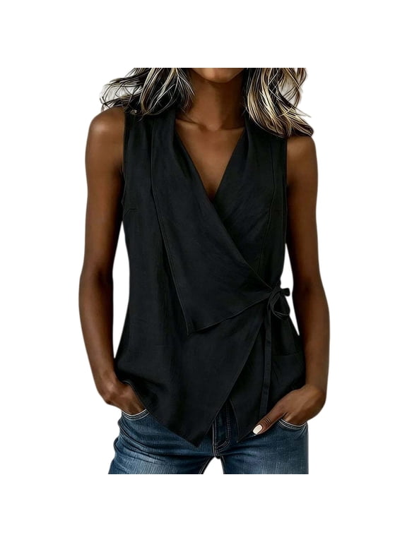Linen Tank Tops for Women Side Tie Tank Tops Deep V Neck Flowy Blouses Ruched Tops Trendy Tops Halter Tops Wide Strap Tank Tops Lightweight Blouse Strapless Top Boho Plus Size Black L