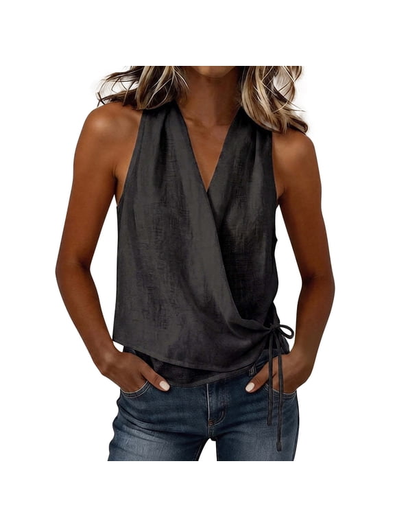 Linen Tank Tops for Women Side Tie Tank Tops Deep V Neck Women's Novelty Tops Strapless Top Gauze Tops Solid Tops Halter Tops Flowy Blouses Waist Snatching Top Tank Tops for Women Black L
