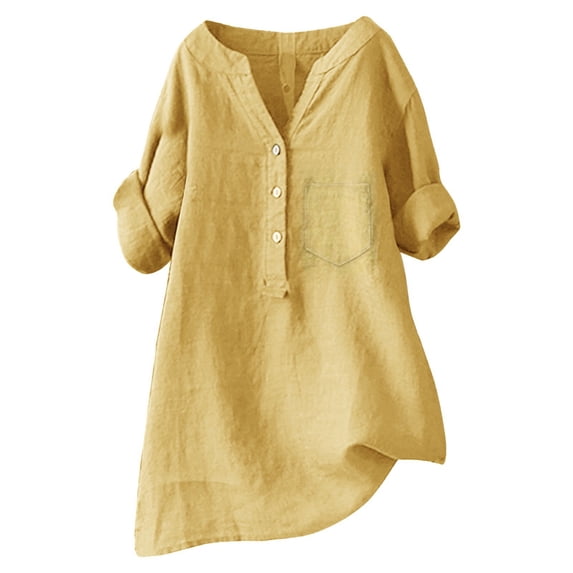 LEKODE Linen Tops for Women Casual V Neck Gauze Shirts for Women 3/4 Sleeve Casual Tunic Blouses Everyday Shirt Tunic Tops Summer Tees Loose Clothes Henley Shirt Button Blouses Yellow M