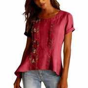 LEKODE Linen Tops for Women Flowy Floral Shirts Hawaiian Shirts Mexican Shirts Womens Crew Neck Sleeve Tops Boho Floral Wildflowers Graphic Tee Boho Tops for Women Red l