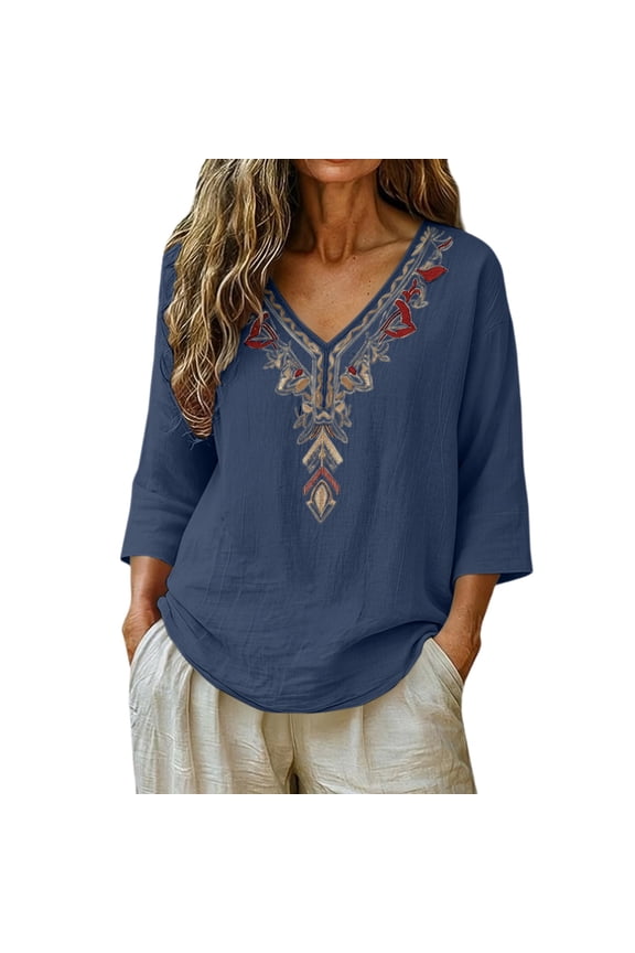 Linen Tops for Women Hawaiian Shirts Breathable Embroidered Top Summer V Neck T Shirts Boho Wildflower Graphic Loose Tees Flowy Floral Shirt Boho Summer Tops Navy L
