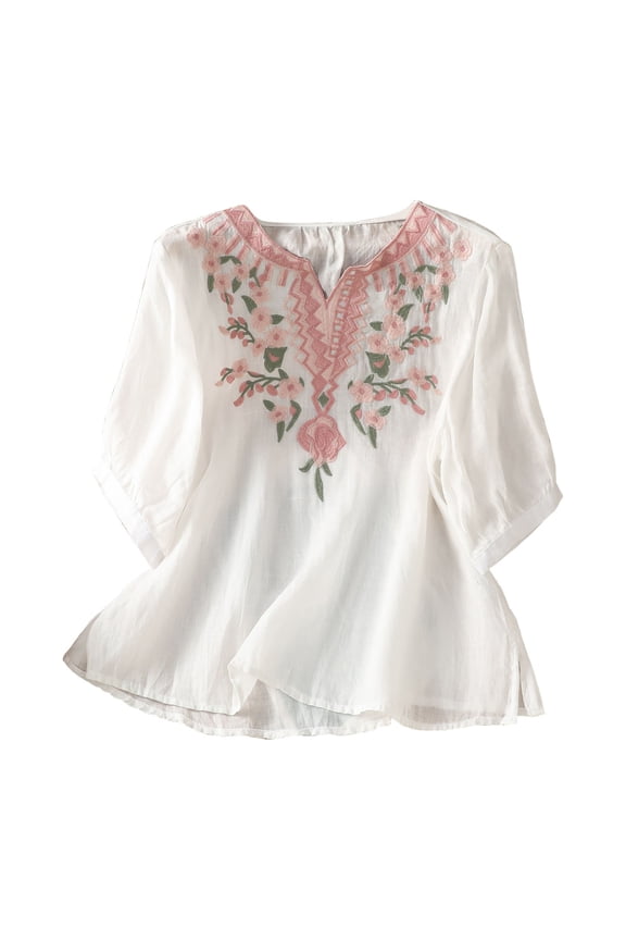 Linen Tops Women Hawaiian Shirts Peasant Blouses Winery Outfit Hippie Clothes Mexican Embroidered Tops for Women Trendy Tops for Women 2026 White Xxl