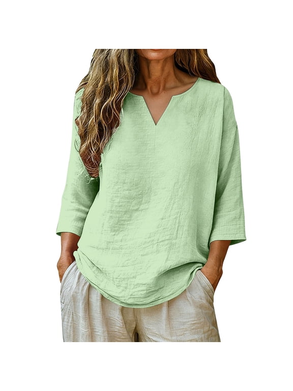 Linen Tops for Women Trendy Summer 3/4 Sleeve V Neck Cotton Lightweight T Shirts Loose Fit Plain Casual Tops Light Green L