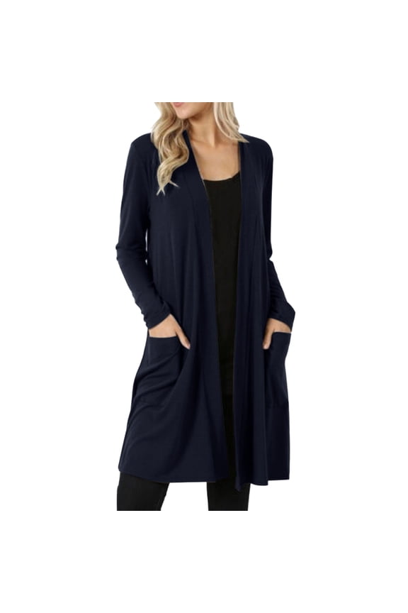 Long Duster Cardigan Open Front Drape Fit Long Sleeve Dual Side Pockets Lightweight Office Layering Cover Up Navy 5XL