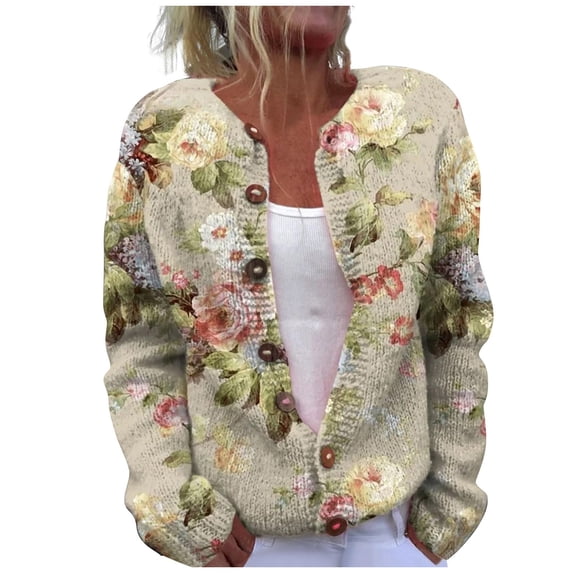 LEKODE Long Sleeve Cropped Cardigan V Neck Button Up Hollow Out Floral Knit Open Front Going Out Cover Up B Khaki S