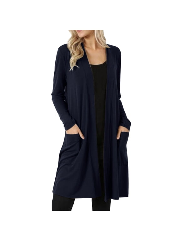 Long Sleeve Relaxed Fit Open Front Cover Up Lightweight Casual Women Daily Travel Outerwear Navy 4XL