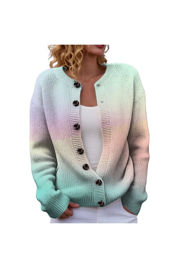 Loose Fit Gradient Ombre Tie Dye Knit Sweater Cardigan for Women Crew Neck Full Button Front Long Sleeve Daily Casual Outer Topper with Storage Pockets D Multi-color L