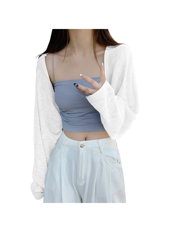 Loose Fit Plain Knit Shrug for Women Long Sleeve Open Front Cropped Everyday Summer Casual Tank Dress Layering Outer Tops White A