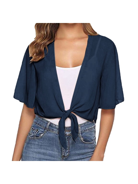 Loose Fit Thin Chiffon Outer Shrug for Women Short Sleeve Tie Front Everyday Summer Casual Dress Layering Outer Tops A Navy L