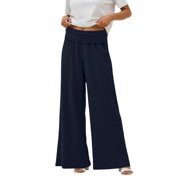 LEKODE Low Rise Linen Wide Leg Pants Women Baggy Light Weight Palazzo Trousers Casual Summer Beach Outfits Dark Blue L