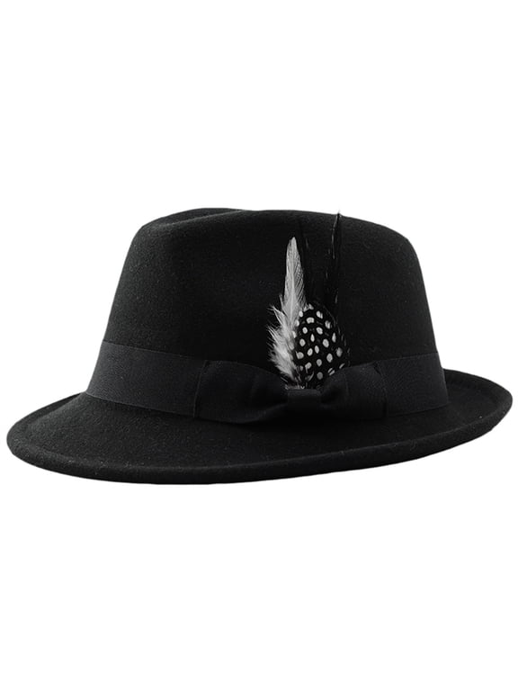 Men Felt Fedora Hat, Short Brim Dress Hat with Feather Decoration & Ribbon Bow, Vintage Gangster Hat for Party Wedding Daily Wear Black One Size