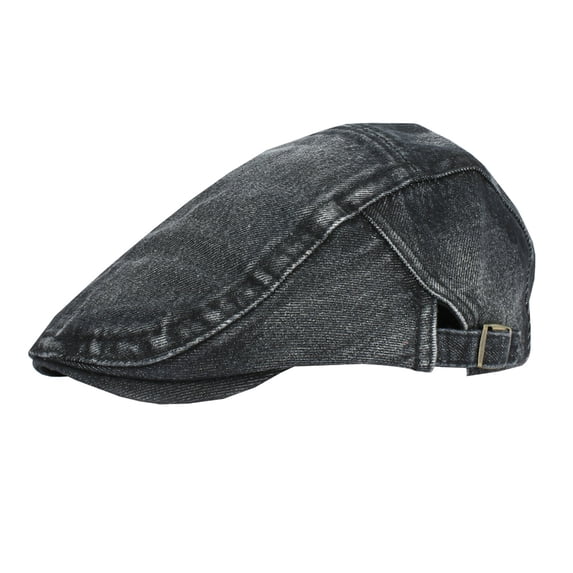 LEKODE Men Vintage Distressed Denim Newsboy Flat Cap, Washed Ivy Cabbie Hat with Adjustable Metal Buckle, Retro Casual Cap for Spring Autumn Daily Outdoor Wear Black One Size