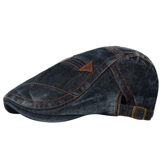 LEKODE Men Vintage Distressed Denim Newsboy Flat Cap, Washed Ivy Cabbie Hat with Triangle Patches, Adjustable Metal Buckle for Spring Autumn Daily Wear Black A