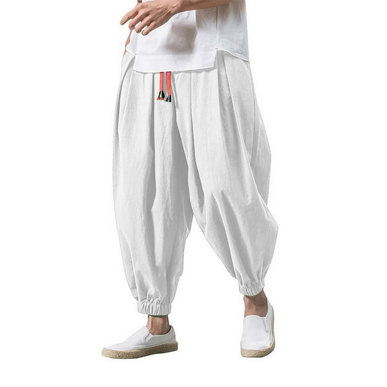 LEKODE Men s Cotton Linen Drop Crotch Harem Pants Casual Loose Fit Beach Drawstring Elastic Waist Trousers With Pockets Walmart