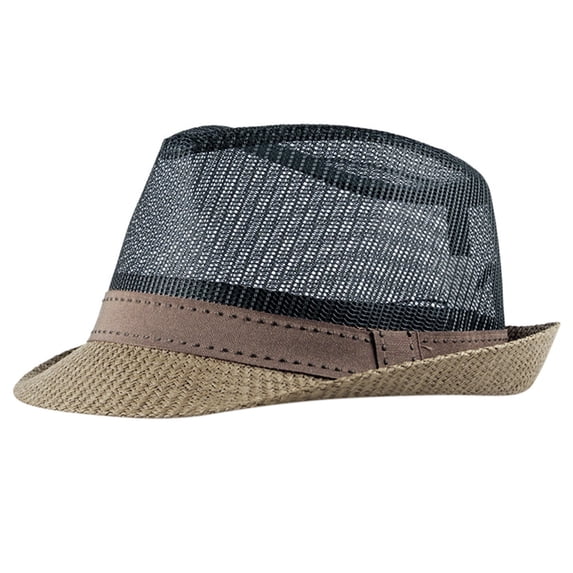 LEKODE Men's Mesh Fedora Straw Hat, Short Brim Summer Sun Hat with Brown Stitched Ribbon Band, Breathable Lightweight Packable Panama Hat for Outdoor Travel Coffee One Size