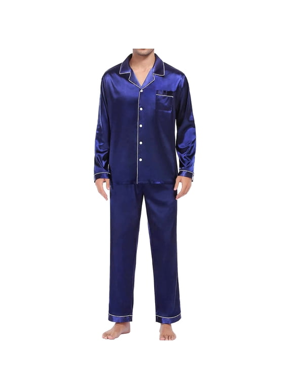 Men's Pajama Sets 2 Pcs Pj Set Men's Pajamas Button Down Sleepwear Silk Pajamas Men 2pc Sleepwear Soft Pj Set Silk Pajamas Casual Two Piece Pajama Set Satin Robe Pj Set Blue 2xl