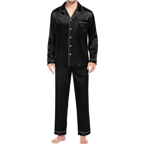 LEKODE Men's Pajama Sets Button Down Loungewear 2 Pcs Pj Set Top & Pants Set Pajama Set Button Down Sleepwear High Waisted Pants Satin Robe Pj Set Soft Pj Set Men 2pc Sleepwear Black L