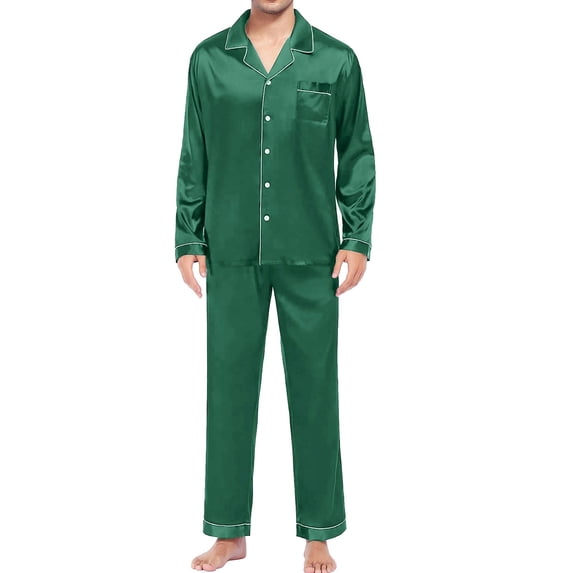 LEKODE Men's Pajama Sets Pajama Set 2 Pcs Pj Set Solid Color Pajama Set Top & Pants Set Men's Pajamas Soft Pj Set Lapel Sleepwear Men's Satin Pajama Set Sleepwear Home Loungewear Pj Set Green 5xl