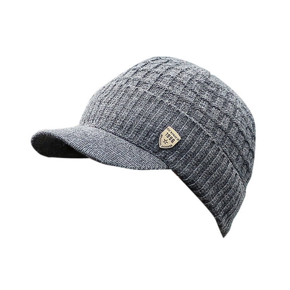 LEKODE Mens Cable Knit Peaked Beanie Cap, Grid Textured Visor Skull Hat With Shield Patch, Soft Stretchy Warm Brimmed Knitted Hat for Outdoor Street Daily Use Dark Gray One Size