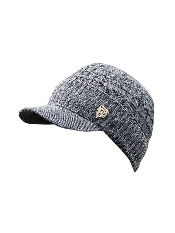Mens Cable Knit Peaked Beanie Cap, Grid Textured Visor Skull Hat With Shield Patch, Soft Stretchy Warm Brimmed Knitted Hat for Outdoor Street Daily Use Dark Gray One Size