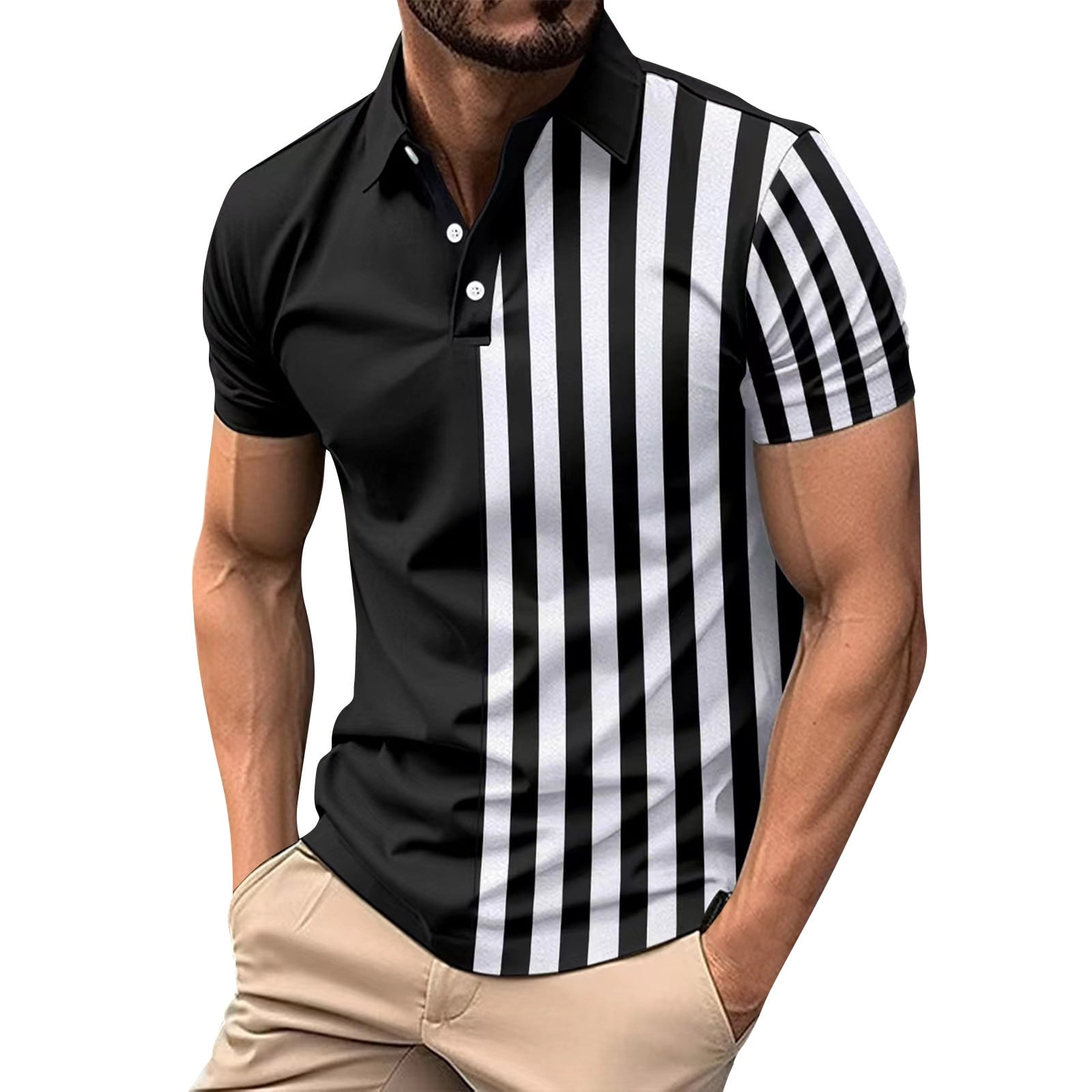 LEKODE Mens Golf Shirt Regular Fit Polo Shirt Color Blocking Stripes ...