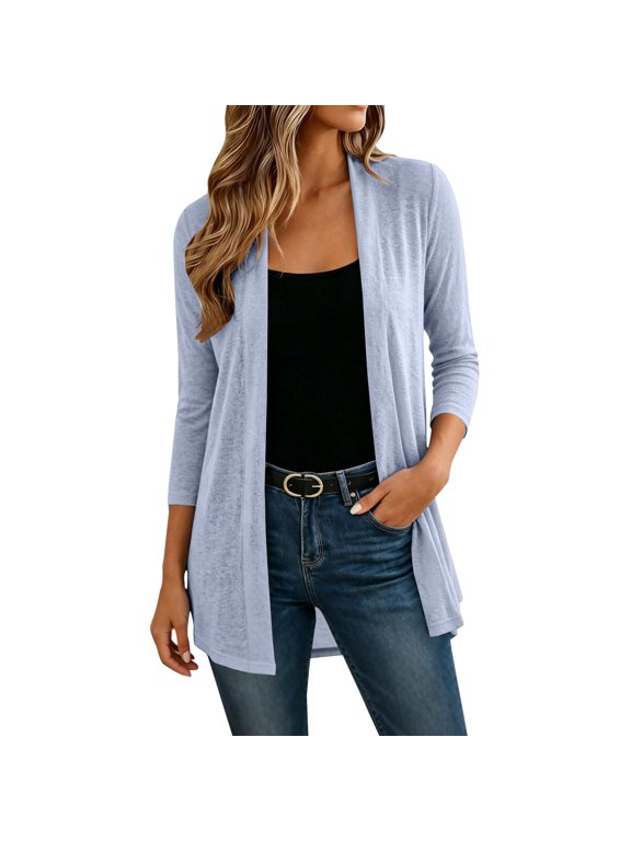 Open Front Draped Lightweight Knit Medium Cardigan Soft Plain Sweater for Women 3/4 Sleeve Daily Spring Casual Wear Gray 2XL