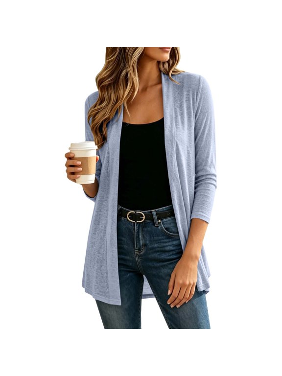 Open Front Draped Lightweight Knit Medium Cardigan Soft Plain Sweater for Women 3/4 Sleeve Daily Spring Casual Wear Gray 3XL