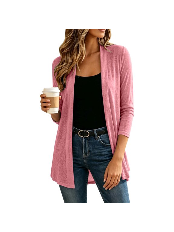 Open Front Draped Lightweight Knit Medium Cardigan Soft Plain Sweater for Women 3/4 Sleeve Daily Spring Casual Wear Pink 2XL