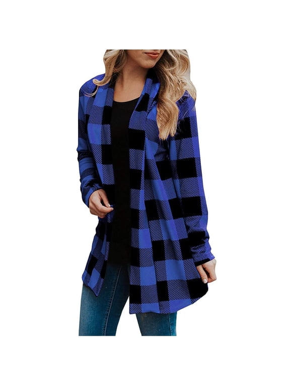Open Front Long Sleeve Buffalo Check Cotton Cardigan Womens Mid Length Loose Fit Lightweight Fall Daily Layering Duster Tops Blue XL