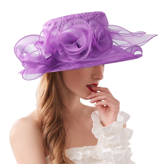 LEKODE Organza Church Derby Hat Flower Wide Brim Fascinator Sun Hats for Women Wedding Tea Party Fancy Ha Purple One Size