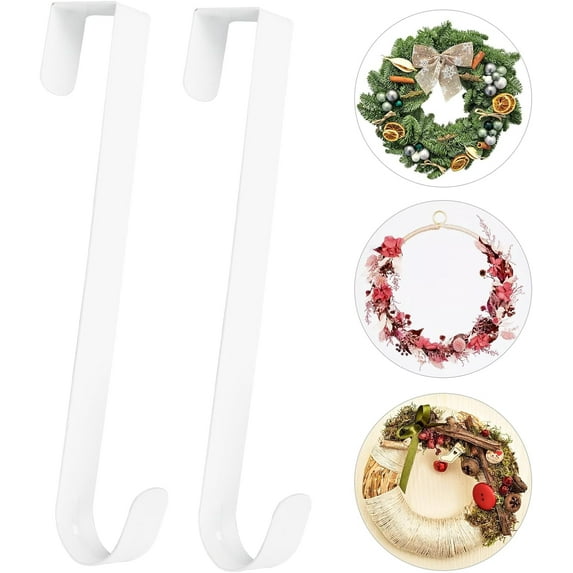 LEKODE Over Door Wreath Hook Thin Metal Overdoor Wreath Holder Seasonal Hanger for Front Or Back Door (White) Hooks 2pcs