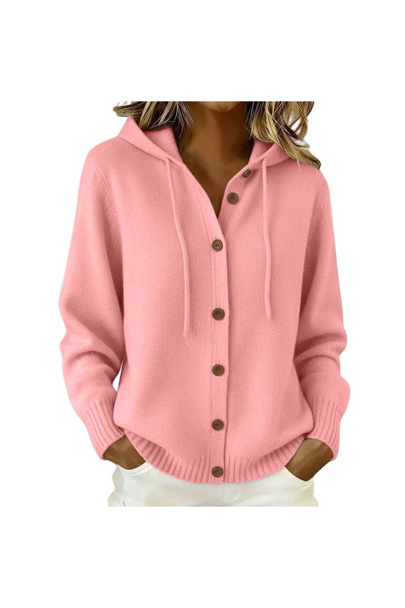 Oversized Drawstring Hooded Knit Cardigan V Neck Button Down Long Sleeve Ribbed Sweater Jacket for Women Casual Everyday Wear with Side Pockets Pink L