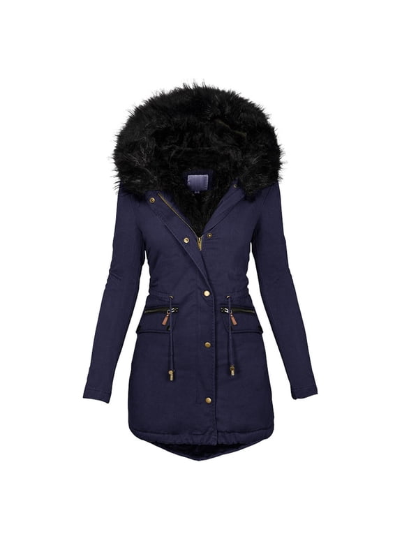 Parka Jacket Women Fleece Lined Hooded Warm Winter Coat with Pockets for Daily Commute & Outdoor Blue XL