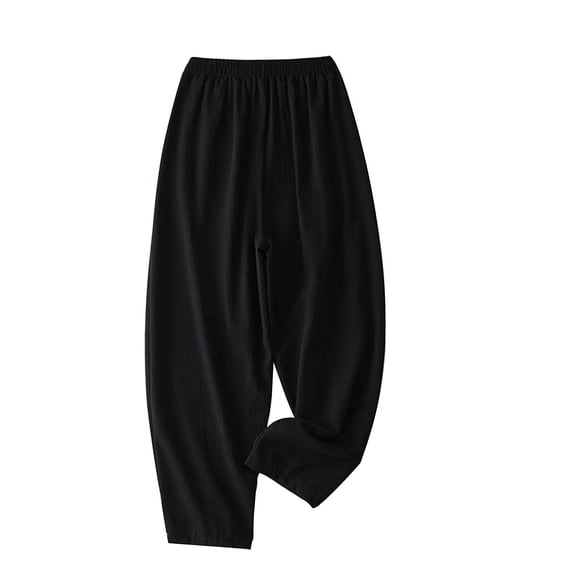 LEKODE Petite Linen Pants for Women Ankle Length Straight Leg Cropped Pants Elastic Waist Summer Casual Pants Black L