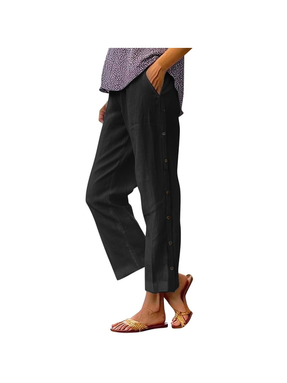 Petite Linen Pants for Women Ankle Length Straight Leg Cropped Pants Elastic Waist Summer Casual Pants with Pockets Black L