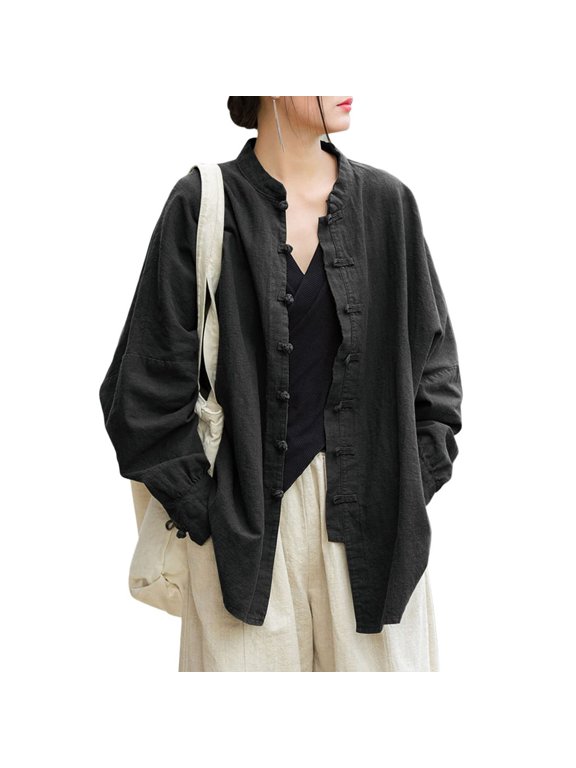 Relaxed Fit Frog Button Cotton Shirt Jacket for Women Mandarin Collar Bubble Long Sleeve Dual Side Pockets Plain Casual All Season Outer Layer Coat Black M