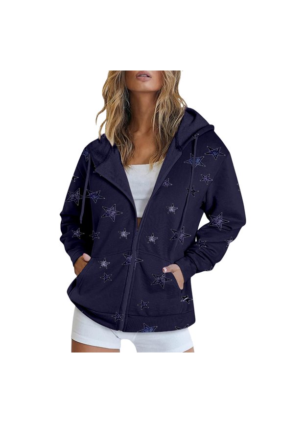 Relaxed Fit Full Zip Star Printed Hooded Jacket for Women Drawstring Hood Long Sleeve Ribbed Cuffs Dual Slant Pockets Everyday Casual Street Outer Layer Coat Dark Blue M