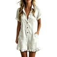 thumbnail image 1 of LEKODE Romper Women Wide Leg Rompers Flap Pocket Romper V Neck Button Down Short Sleeve Jumpsuits with Pockets Collared Neck Jumpsuit Short Rompers Summer Outfits White M, 1 of 6