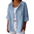 thumbnail image 1 of LEKODE Short Sleeve Blouses for Women 3/4 Sleeves Roll-up Sleeve Womens Collared Tops Peasant Blouses Button Front Womens Casual V Neck Blouse Womens Oversized T Shirts Loose Fit Clothes Blue M, 1 of 9